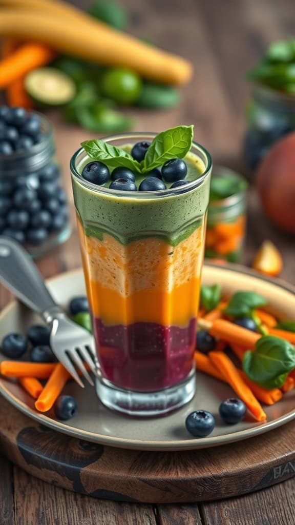 A colorful berry citrus vegetable smoothie with layers of blueberries, orange, carrot, ginger, and spinach.