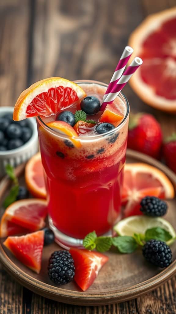A refreshing berry citrus smoothie in a glass with orange and grapefruit slices.