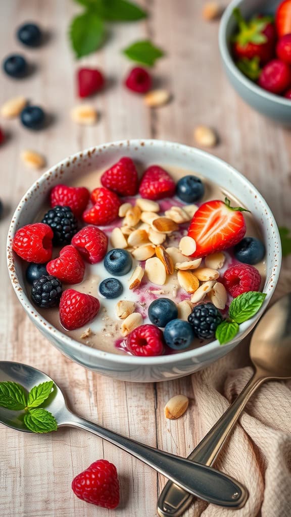 A bowl filled with Berry Delight Overnight Oats topped with mixed berries and almonds.