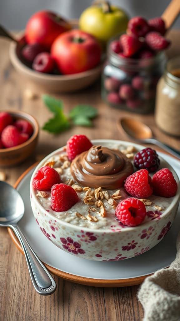 A bowl of overnight oats with chocolate peanut butter and raspberries.