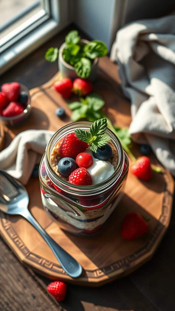 A jar of berry medley overnight oats with mixed berries and Greek yogurt
