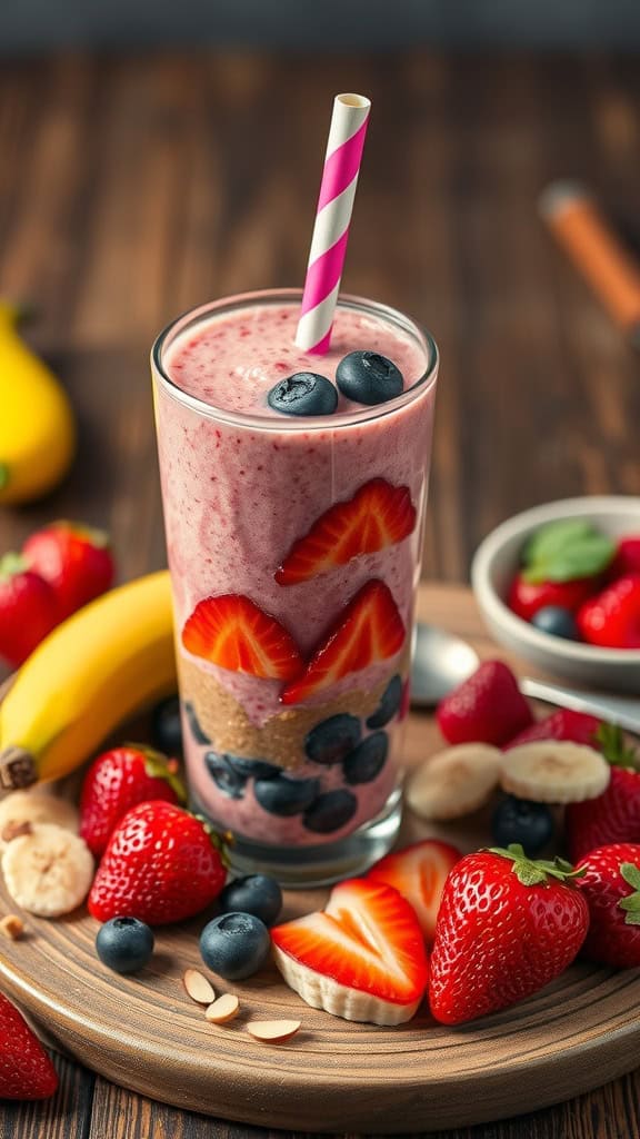 A delicious Berry Nutty 4 Fruit Smoothie made with strawberries, blueberries, banana, and almond butter.