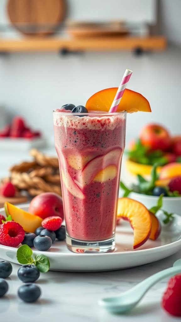 A colorful Berry Peach Bliss smoothie made with peaches, raspberries, blueberries, and orange juice.