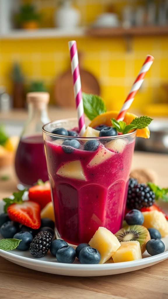 A colorful berry tropical smoothie with blueberries, pineapple, kiwi, and banana served in a glass with straws.