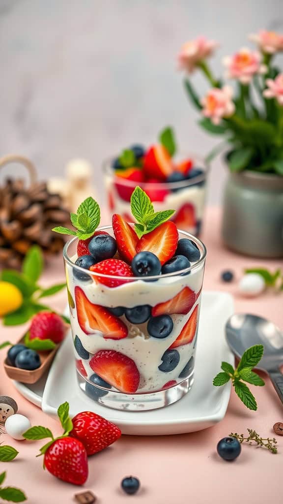 Berrylicious Easter Parfaits with fresh strawberries and blueberries layered with vanilla yogurt in a glass.