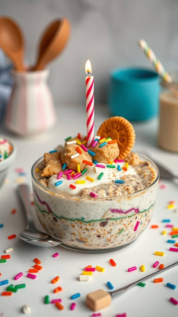 Birthday Cake Overnight Oats Cookie Dough with rainbow sprinkles, almond milk, and rolled oats.