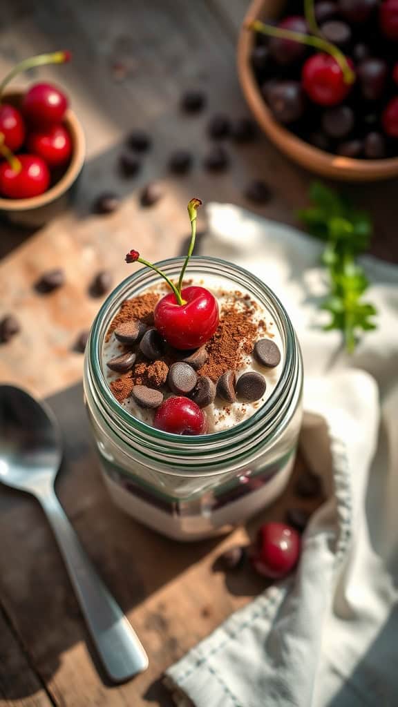 A jar of Black Forest overnight oats topped with cherries and chocolate chips.