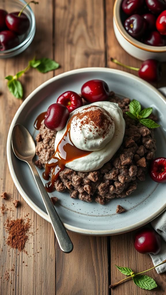 Black Forest Overnight Oats with chocolate yogurt and cherries