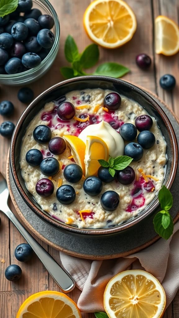 A delicious bowl of blueberry lemon cheesecake overnight oats blended, garnished with fresh blueberries and lemon slices.
