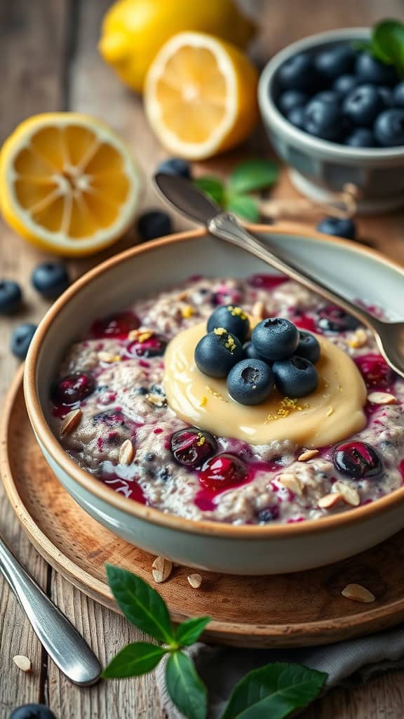 A bowl of blueberry lemon overnight oats topped with blueberries and lemon zest.