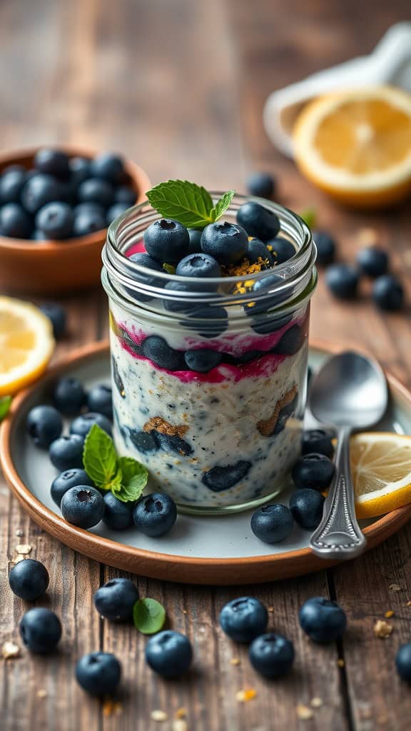 A jar of blueberry lemon overnight oats cheesecake topped with fresh blueberries and lemon zest.