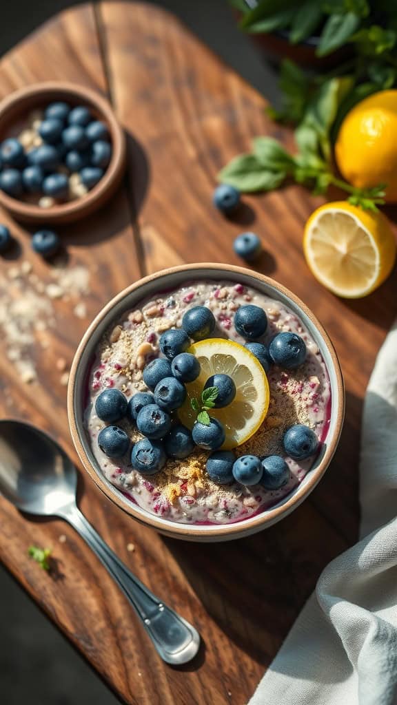 Blueberry Lemon Overnight Oats with Protein Powder in a bowl topped with blueberries and lemon slices.