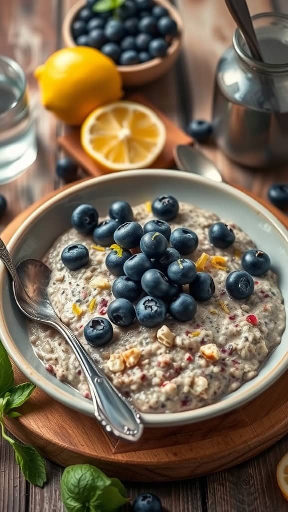 A bowl of blueberry lemon overnight oats topped with fresh blueberries and lemon zest.