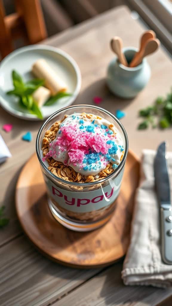 A delicious breakfast parfait with oats, yogurt, and colorful edible glitter, perfect for a baby gender reveal.