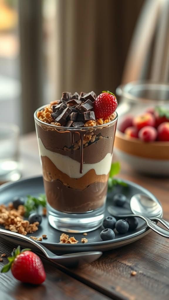 A delicious chocolate peanut butter parfait served in a glass, layered with granola, chocolate yogurt, and fresh strawberries.