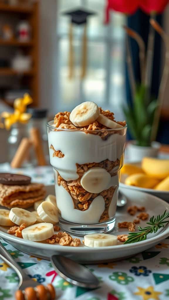 A delicious breakfast parfait made with vanilla yogurt, granola, and sliced bananas.