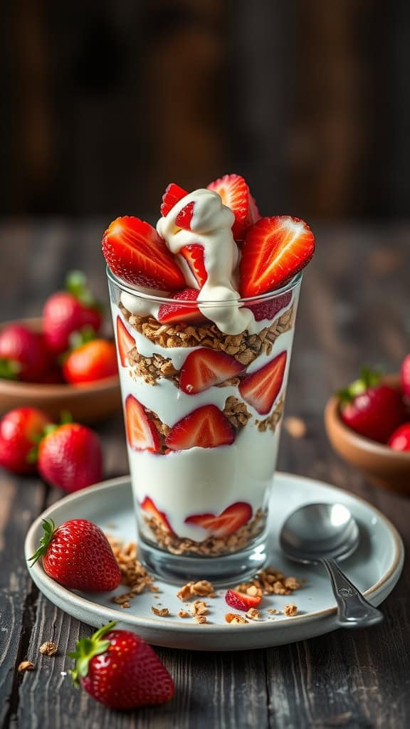 A delicious strawberry cheesecake parfait layered with yogurt, granola, and fresh strawberries.
