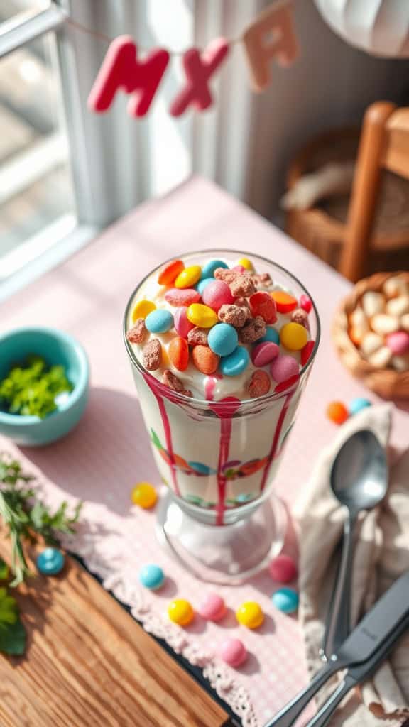 Candy Crunch Baby Gender Reveal Parfait with colorful toppings