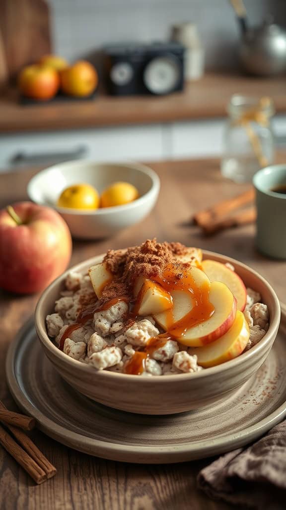 A bowl of caramel apple cinnamon overnight oats topped with sliced apples and caramel sauce.