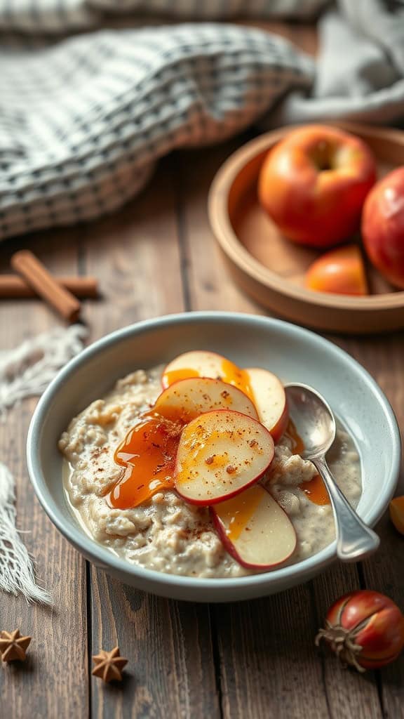 A bowl of caramel apple overnight oats topped with sliced apples and caramel sauce.