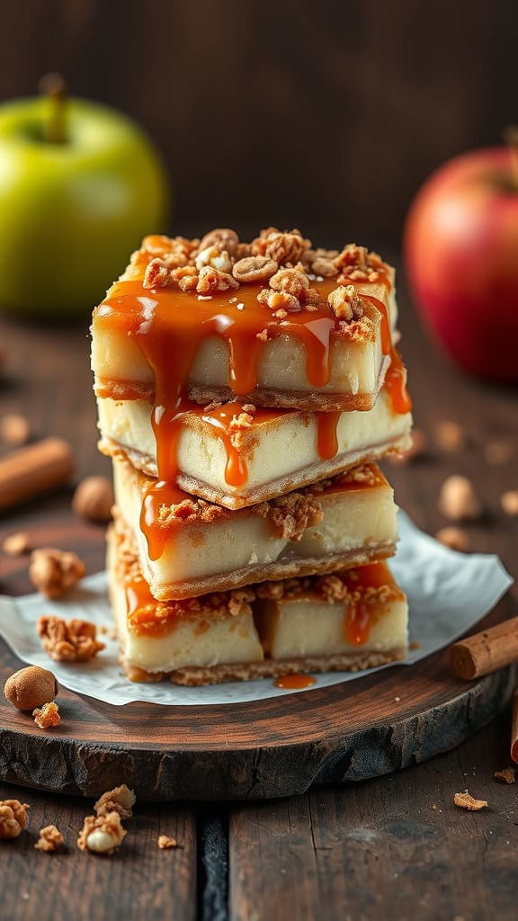 Delicious caramel apple parfait bars stacked with caramel sauce and cinnamon granola.