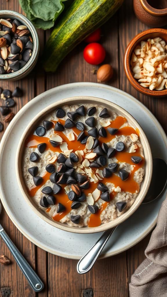 A bowl of caramel drizzle overnight oats topped with chocolate chips and almonds.