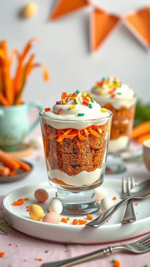 Carrot Cake Easter Parfaits with cream cheese frosting, colorful sprinkles, and layers of spiced cake.