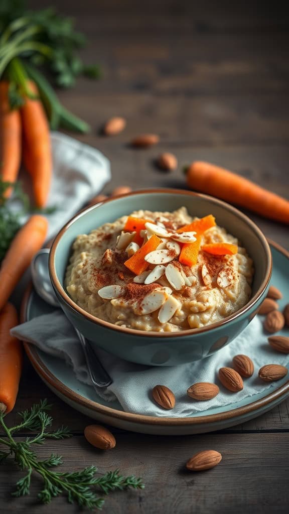 Bowl of carrot cake overnight oats topped with grated carrots and almonds