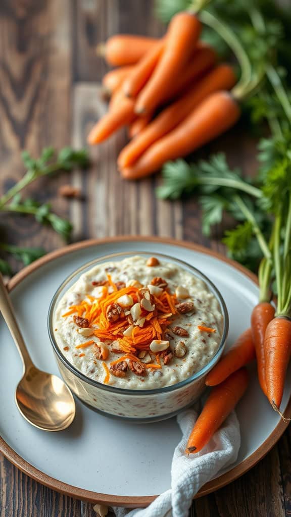 A bowl of carrot cake overnight oats topped with shredded carrots and nuts, alongside fresh carrots.