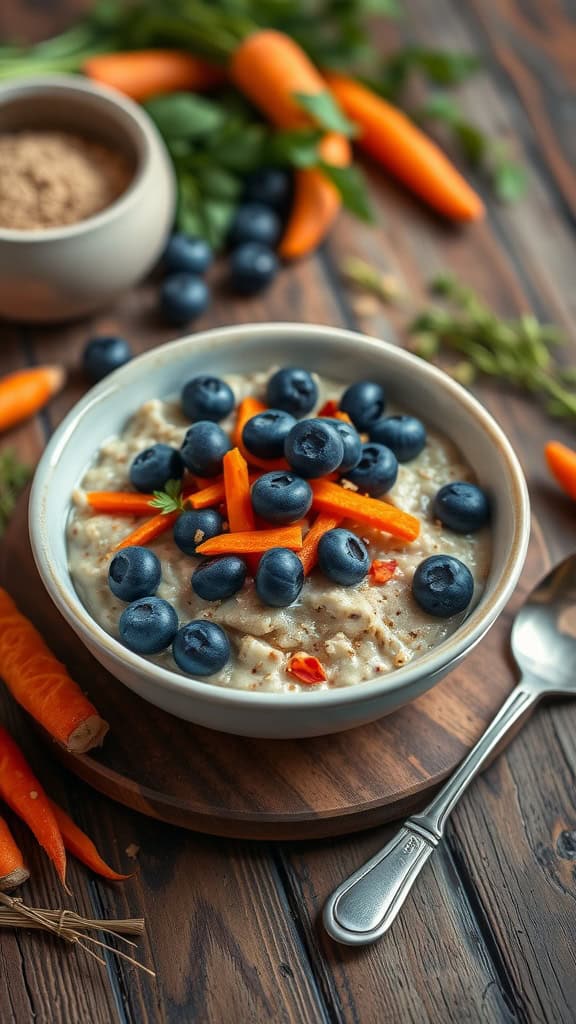 A bowl of carrot cake overnight oats topped with blueberries and shredded carrots, served on a wooden board.