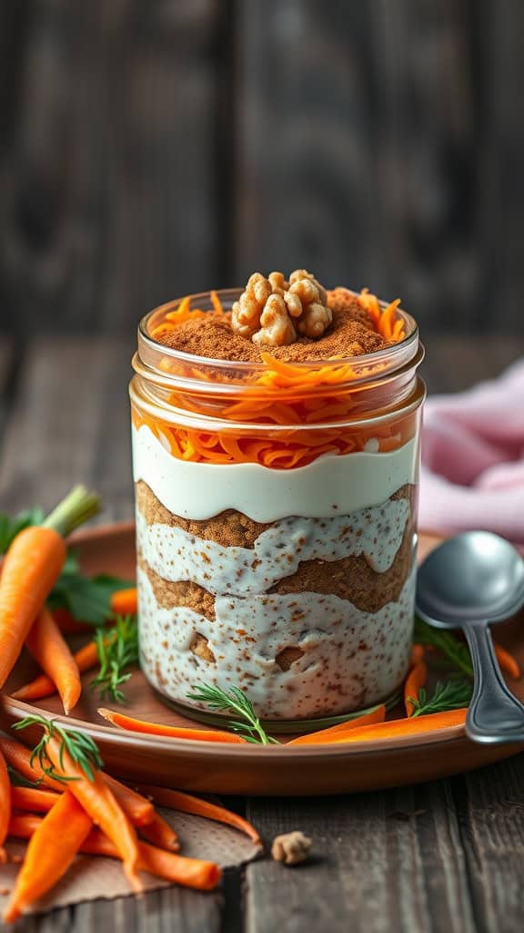 A jar of Carrot Cake Overnight Oats Cheesecake layered with shredded carrots and cream cheese.