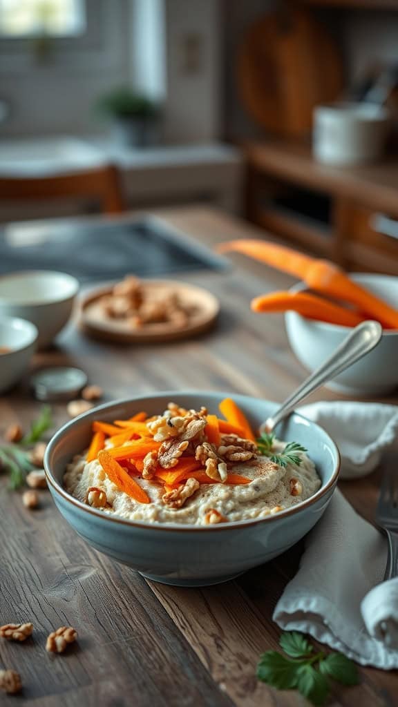 Bowl of carrot cake overnight oats topped with grated carrot and walnuts