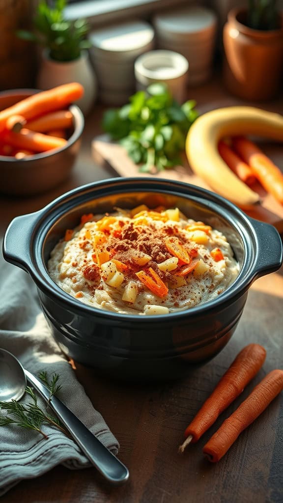 A bowl of carrot cake overnight oats in a crockpot, featuring oats, shredded carrots, and crushed pineapple.