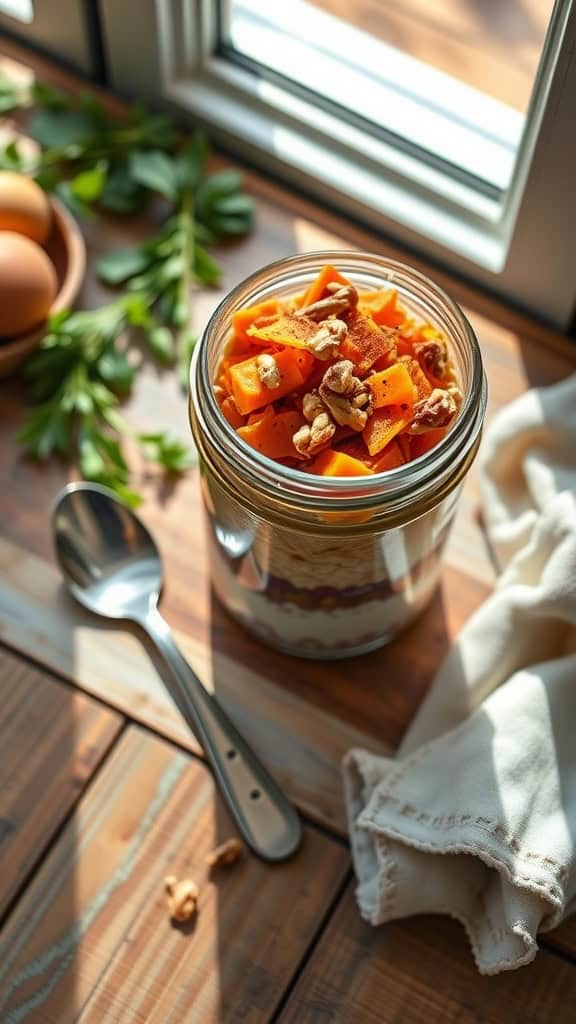 A jar of Carrot Cake Overnight Oats with grated carrots, walnuts, and cinnamon.