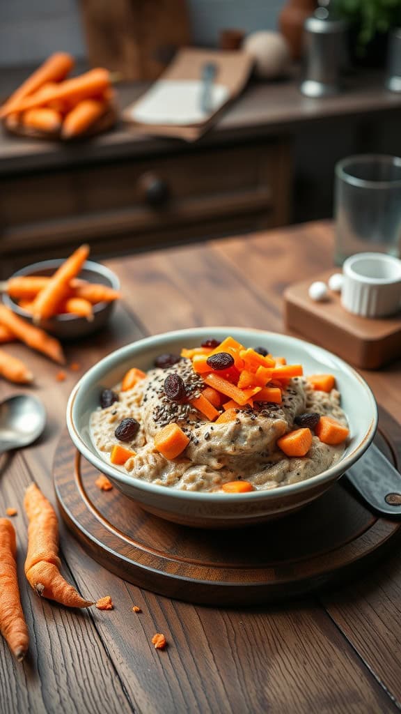 Bowl of carrot cake overnight oats topped with grated carrots and raisins