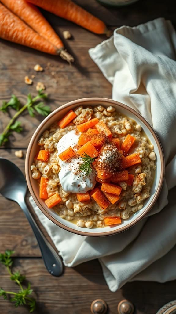 A bowl of carrot cake overnight oats topped with yogurt and grated carrots.