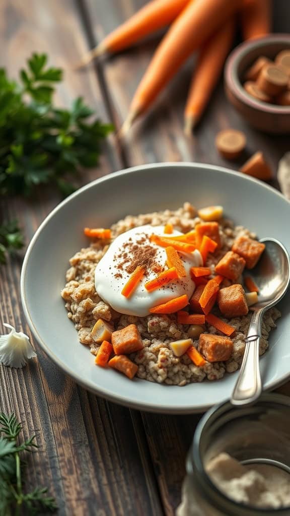 A bowl of carrot cake overnight oats topped with yogurt and grated carrots.