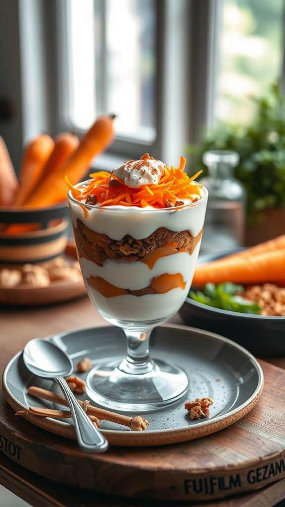 A delicious carrot cake parfait made with yogurt, shredded carrots, and crushed walnuts.