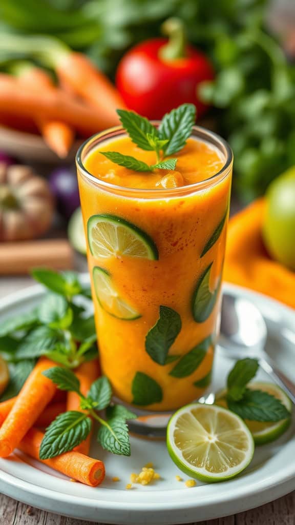 A refreshing carrot mint smoothie with carrots, cucumber, lime, and mint leaves.