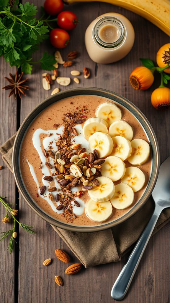 Chai Spice Smoothie Bowl topped with banana slices and granola