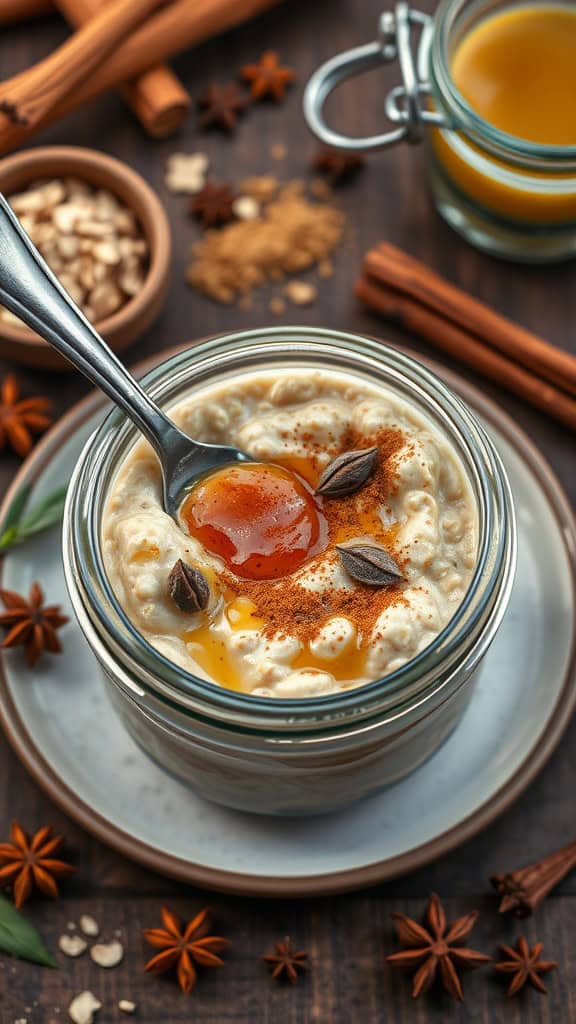 Chai spiced overnight oats in a jar with toppings and spices