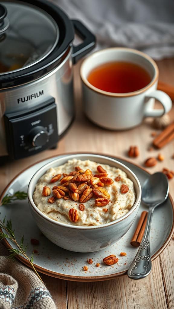 Bowl of chai spiced overnight oats topped with nuts