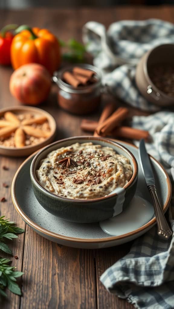 Chai spiced overnight oats with chia seeds in a rustic bowl.