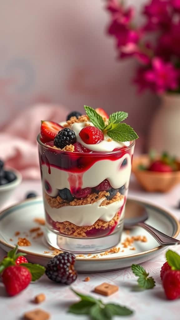 Cheesecake-inspired baby shower parfaits layered with cream cheese mousse, graham crackers, and berry compote.