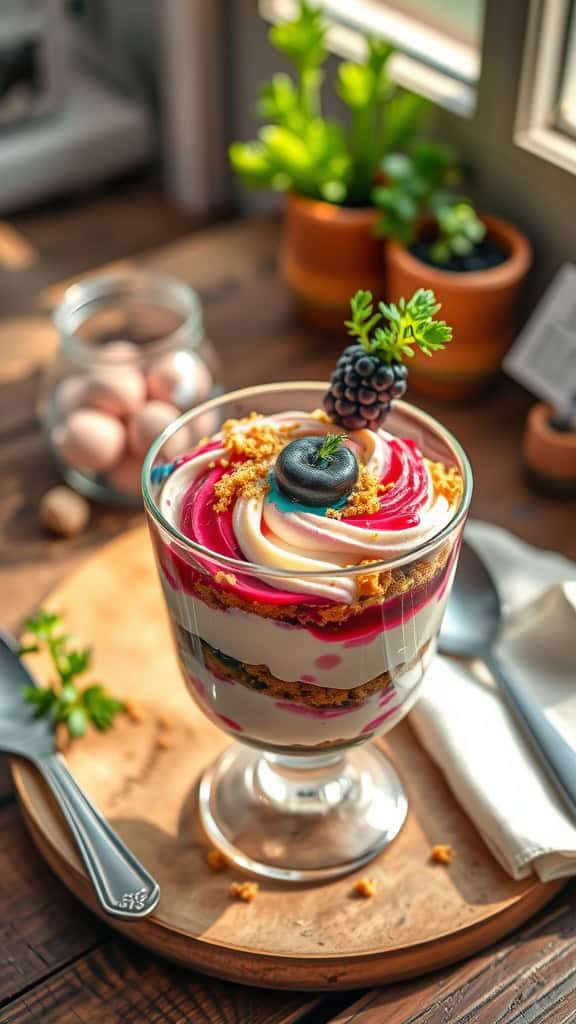 Cheesecake parfait with colorful layers and toppings
