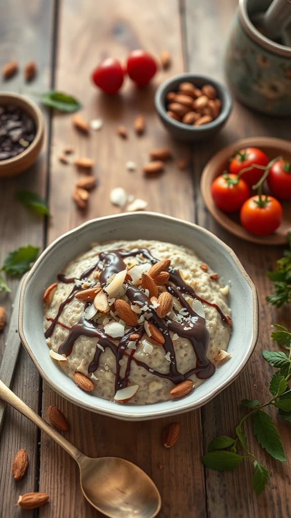 A bowl of creamy cheesecake overnight oats topped with almond slivers and chocolate sauce