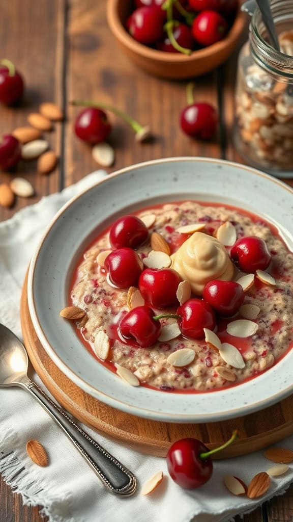 A bowl of cherry almond overnight oats topped with almond butter and sliced almonds.
