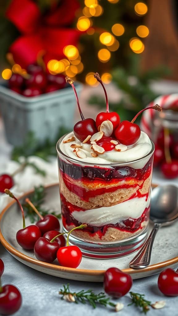 Cherry Almond Holiday Parfaits with layers of cherry compote and almond custard, garnished with cherries and almonds.