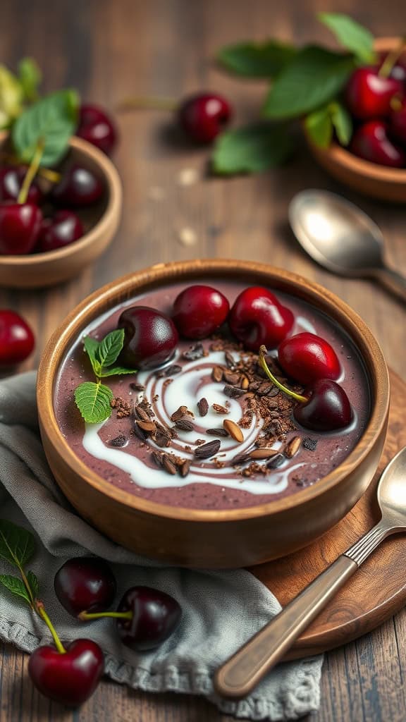 A delicious Cherry Chocolate Smoothie Bowl topped with cherries, cacao, and almond milk.