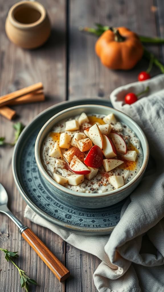 Bowl of chia-infused overnight oats with apple and cinnamon toppings.